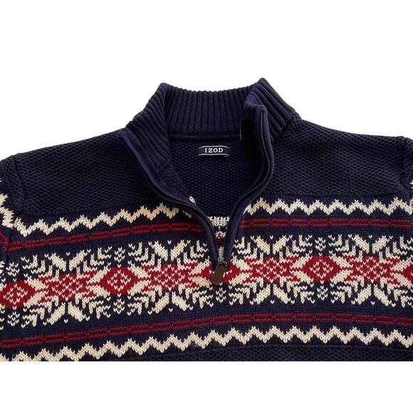 IZOD Men's Cotton Blend Fair Isle Quarter Zip Sweater, Navy, Burgundy Red, XXL - Picture 2 of 8